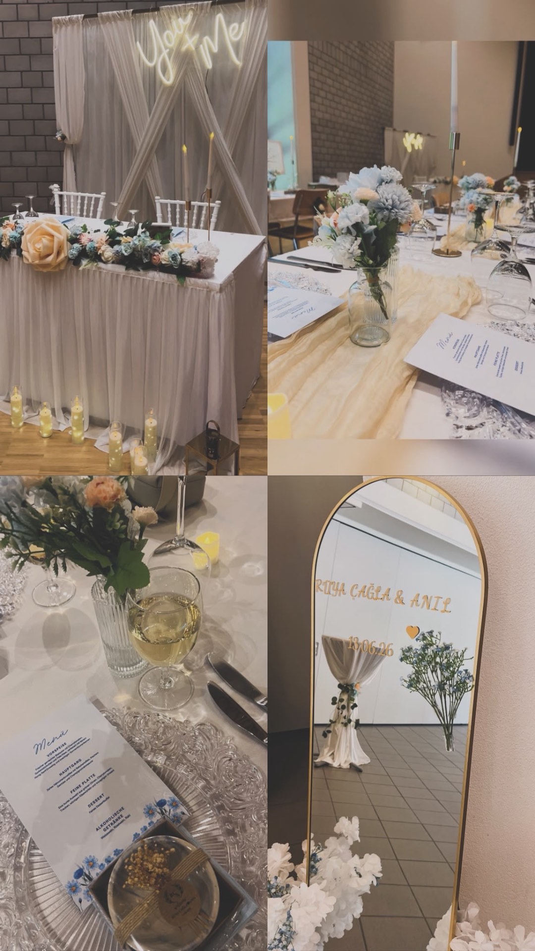 Details der Hochzeitsdeko: Brauttisch, Menükarten und Goldspiegel