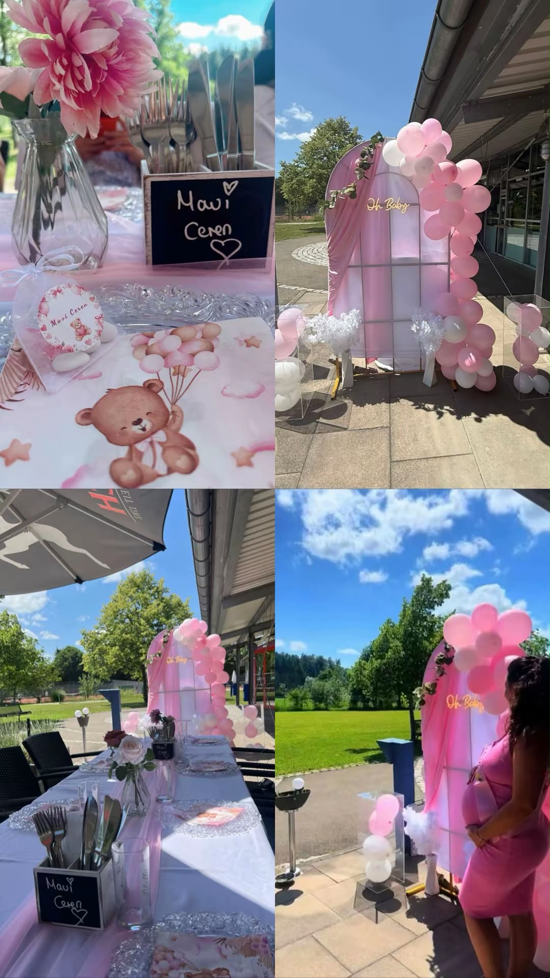 Liebevoll gedeckte Tafel mit Namenskarten und rosa Ballonbogen
