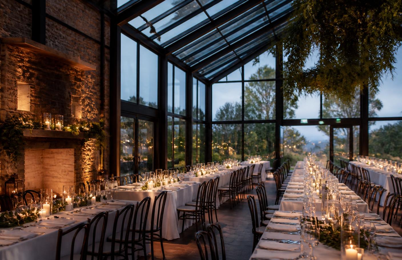 Eventlocation mit langen Tafeln und Kerzenlicht